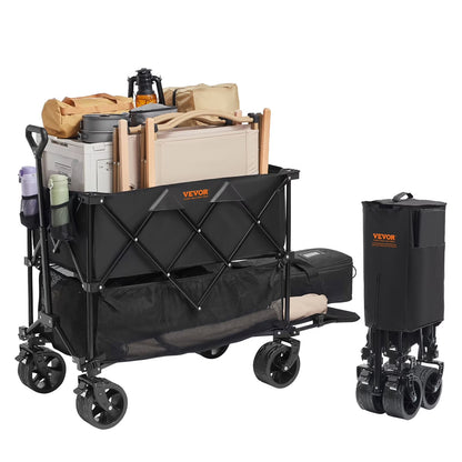 VEVOR Foldable Double Decker Wagon, 400L Collapsible Wagon Cart with All-Terrain Wheels,Heavy Duty Folding Wagon Cart 350-450 lbs Weight Capacity for Camping,Shopping,Garden,52" Extra Long Extender