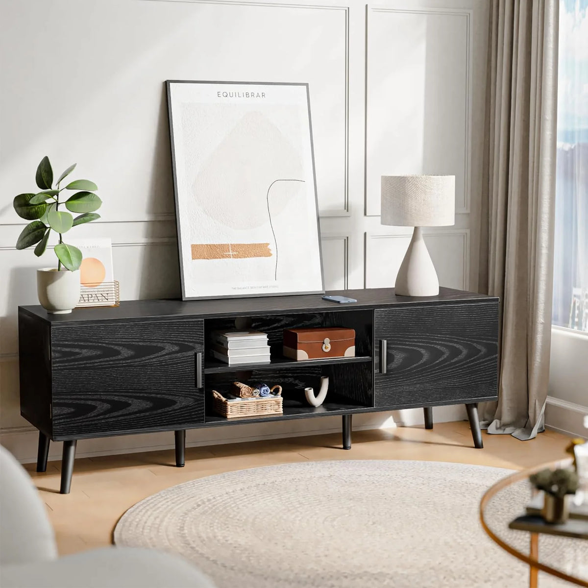 LL TV Stand for 55 Inch TV, Entertainment Center with Adjustable Shelf, 2 Cabinets, TV Console Table, Media Console, Solid Wood Feet, Cord Holes, for Living Room, Bedroom, White