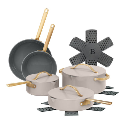 Beautiful 12pc Ceramic Non-Stick Cookware Set with Strainer Lids, White Icing by Drew Barrymore