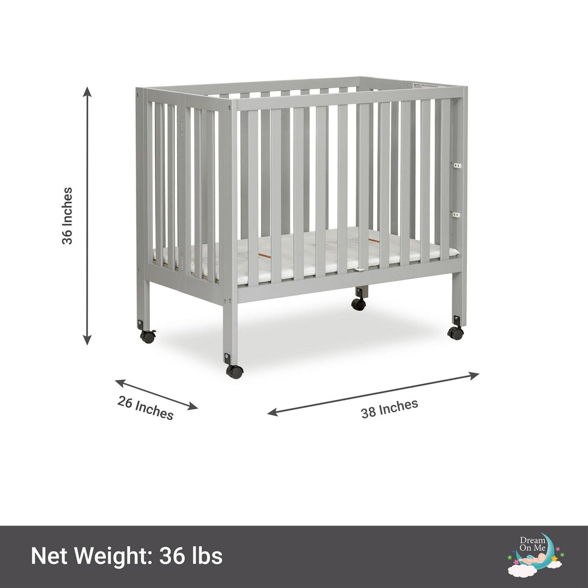 Dream On Me Jett Non-Full Size Folding Crib I Removable Wheels I Modern Nursey I Adjustable Mattress Support I Patent Folding System I Included 2.5 Mattress In Pebble Gray