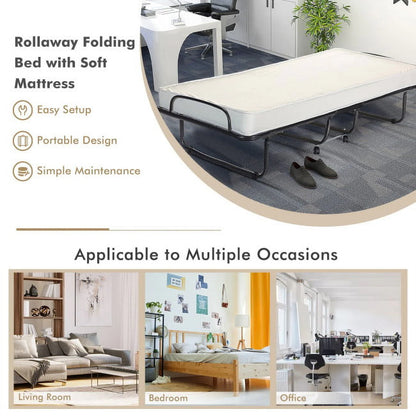 75" x 31" x 13" Folding Bed with Mattress, Rollaway Bed Metal Frame on Wheels, Portable Foldable Guest Bed for Adults, Cot Size Fold up Bed with Memory Foam Mattress