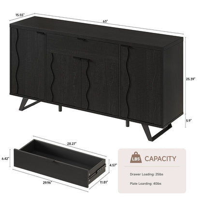 63" Sideboard Buffet Cabinet, Kitchen Buffet Storage Cabinet, Mid Century Modern Storage Cabinet with 4 Doors & Shelves, Wood Coffee Bar Console Wine Bar for Living Room, Kitchen,Hallway,Black
