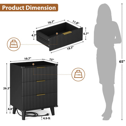 GIKPAL Night Stands for Bedroom, Modern Bedside Table with 3 Drawers & Charging Station,Fluted Panel End Tables for Bedroom  & Living Room, Natural