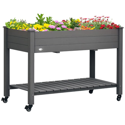 Outsunny 47" x 21" Raised Garden Bed Elevated Wooden Planter Box w/ Lockable Wheels, Storage Shelf and Bed Liner for Backyard, Patio, Dark Gray
