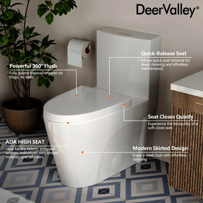 DeerValley One Piece Modern Toilet, Elongated Dual Flush Standard White Toilet With Comfort ADA Seat Height(Seat Included) DV-1F52102Pro
