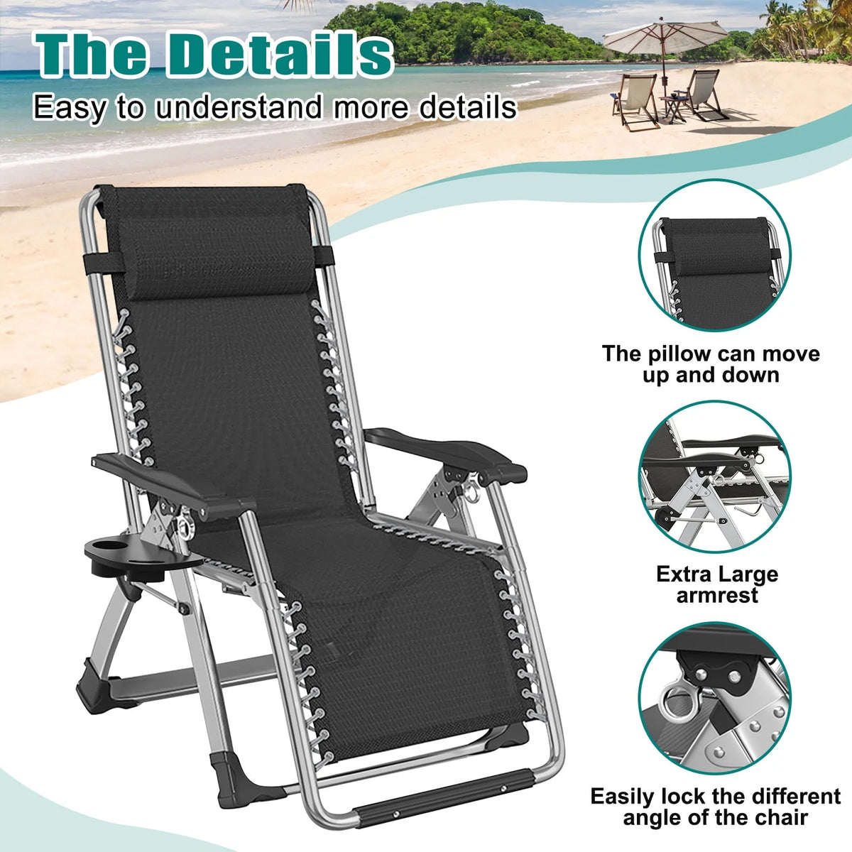 Docred Zero Gravity Chair , Lawn Recliner Folding Chaise Lounge with Removeable Pad Soft Cushion, Headrest and Cup Holder, Camping chairs Patio Fold Lounger Chair