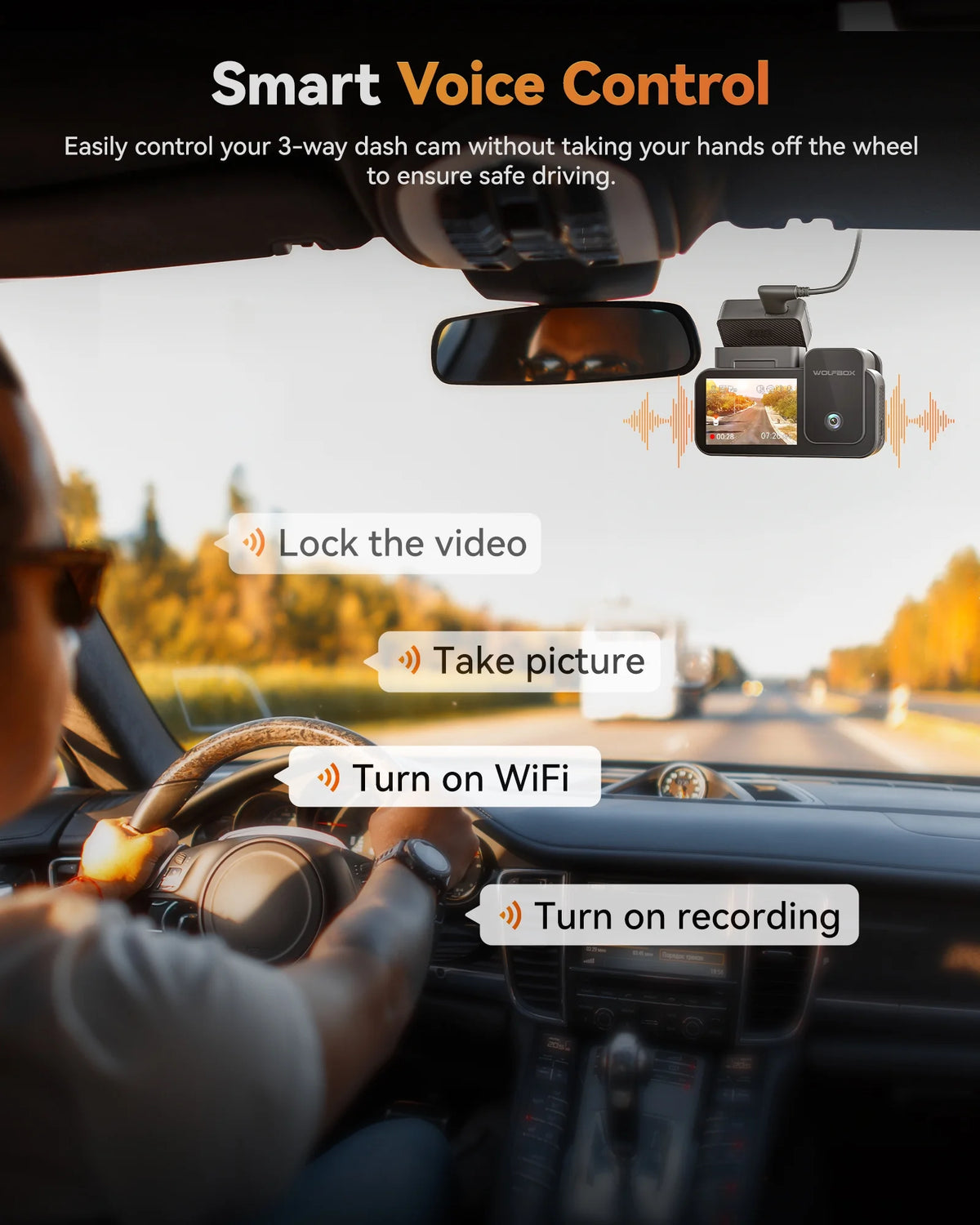 WolfBox X5 3 Channel Car Dash Cam, 4K Front+1080P Inside+2.5K Rear Camera, 5.8GHz Wi-Fi & GPS, Touchscreen, Voice Control