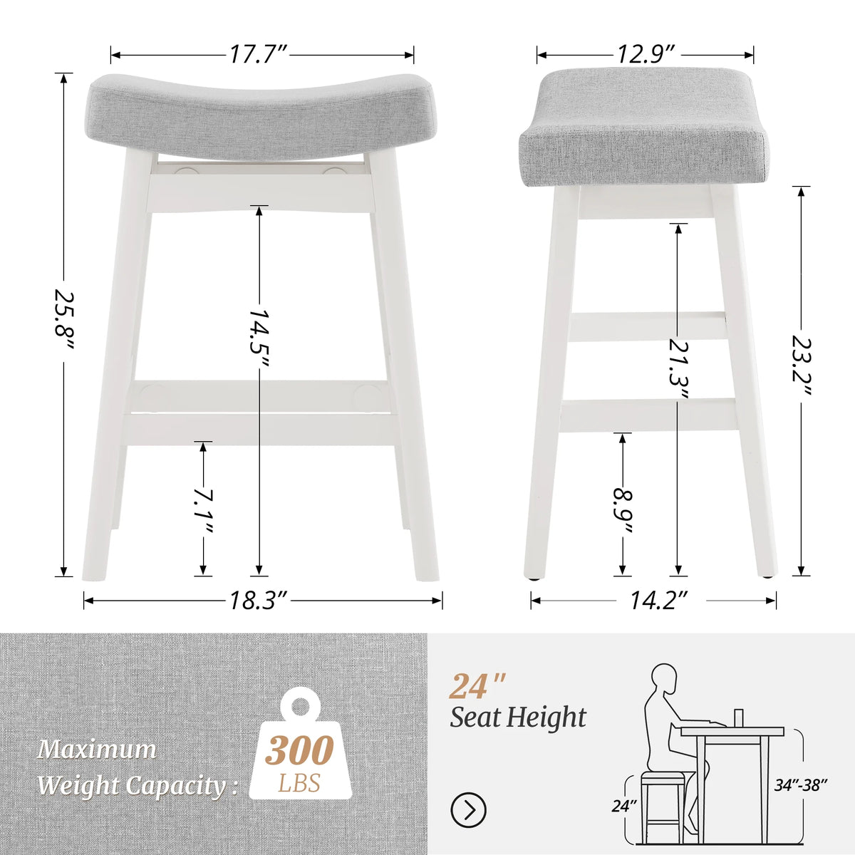 Dycanpo Saddle Seat Counter Height Bar Stools Set of 3 for Kitchen, Dining, 24in, Beige-Fabric