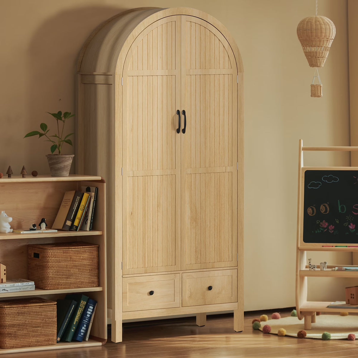 Oubayajia Arched Armoire Wardrobe Closet with Fluted Doors, Wooden Wardrobe Closet with Drawers, Shelves and Hanging Rod for Bedroom
