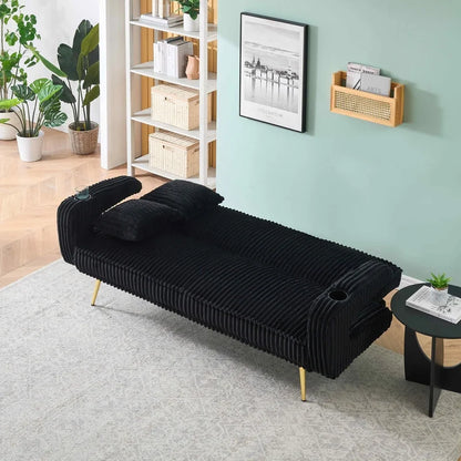 FFH Modern Corduroy Futon Sofa Bed with Adjustable Backrest,Convertible Loveseat Sleeper,Soft Couch with Drop-Down Table and Cup Holder for Living room,Pink