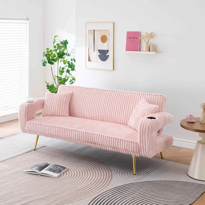 FFH Modern Corduroy Futon Sofa Bed with Adjustable Backrest,Convertible Loveseat Sleeper,Soft Couch with Drop-Down Table and Cup Holder for Living room,Pink