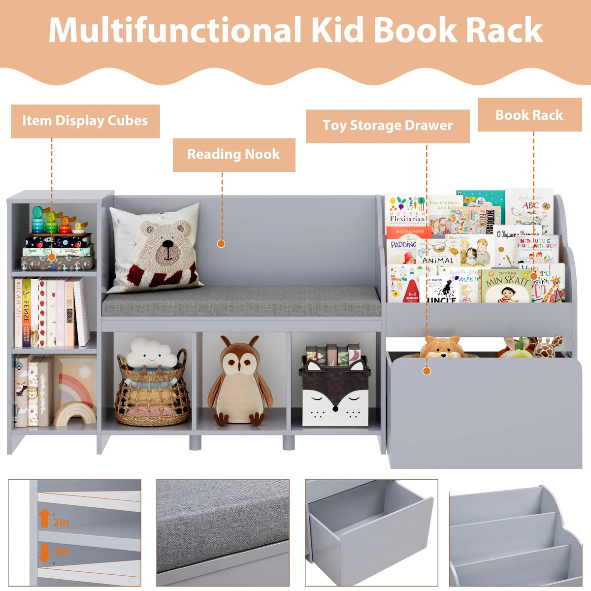 Homfa Kids Bookshelf with Reading Nook, 6 Shelf Bookcase with 1 Wood Toy Bin with 3 Tier Book Rack for Children Kidsroom