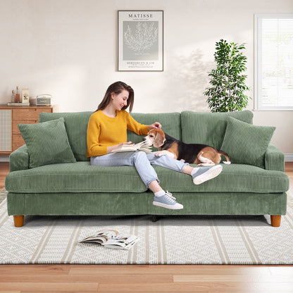 87" Corduroy Sofa,3 Seater Sofa with Extra Deep Seats,Neche Comfy Upholstered Couch for Living Room,2 Pillows,Green