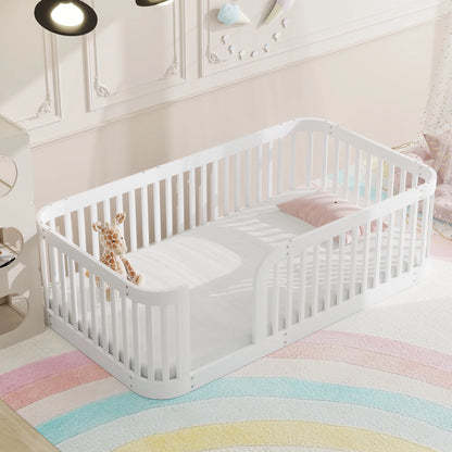 Euroco Twin Size Floor Bed with Fence for Kids Teens and Toddlers, White