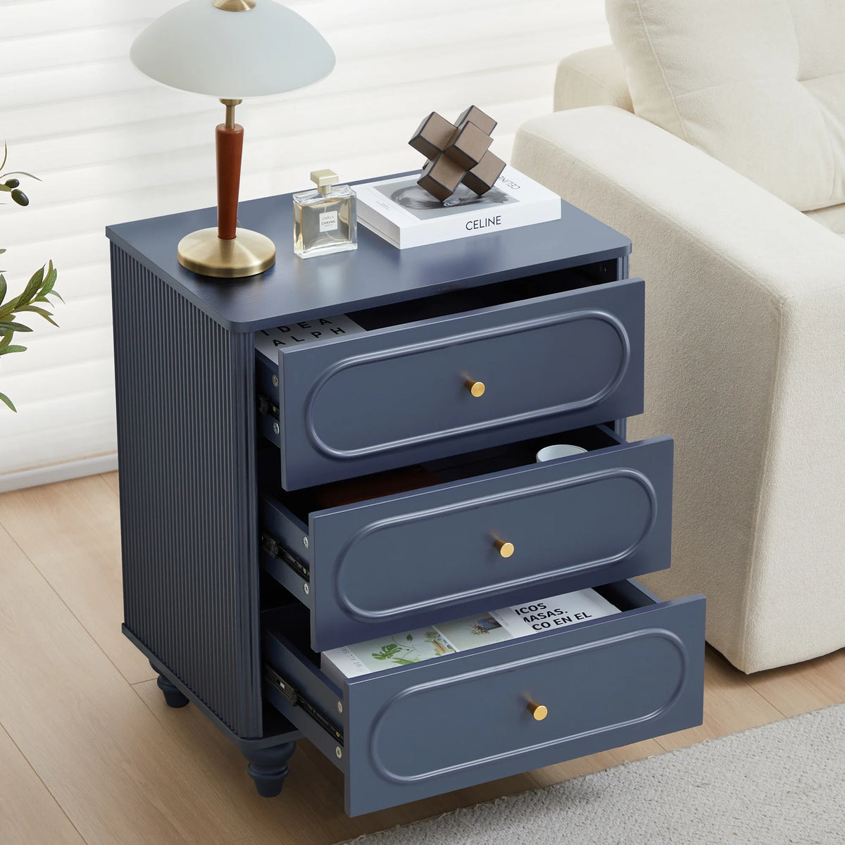 YOCWO 3 Drawer Nightstand, Classic Chest of Drawers with Arc Edge, Walnut