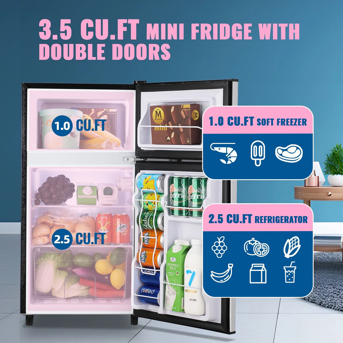 WANAI 3.5 Cubic feet Small Refrigerator with Freezer on Top Double Door Mini Fridge New White