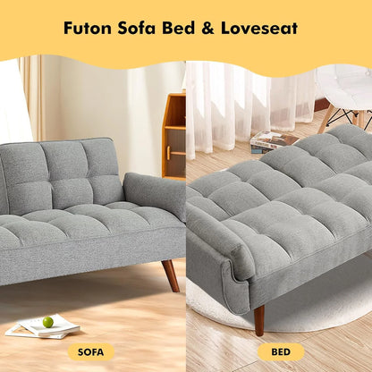 Mydepot Convertible Futon Sofa Bed, Adjustable Couch Sleeper Modern Fabric Recliner Reversible Loveseat Folding Daybed Guest Bed, Armrests, Yellow
