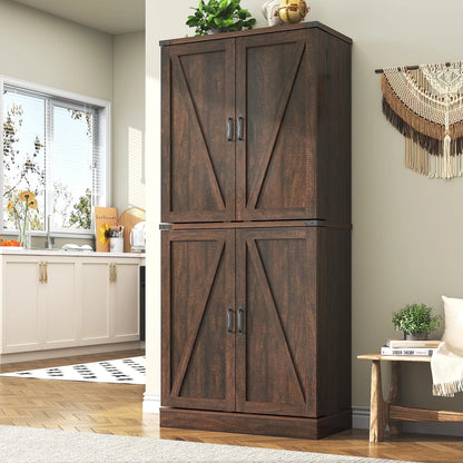 71" Tall Farmhouse Kitchen Pantry with 12 Side Shelves & Adjustable Shelves, 5 Layers Pantry Storage Cabinet w/Load-Bearing Steel Pipe & 4 Barn Doors for Kitchen, Dining Room, Living Room, Brown