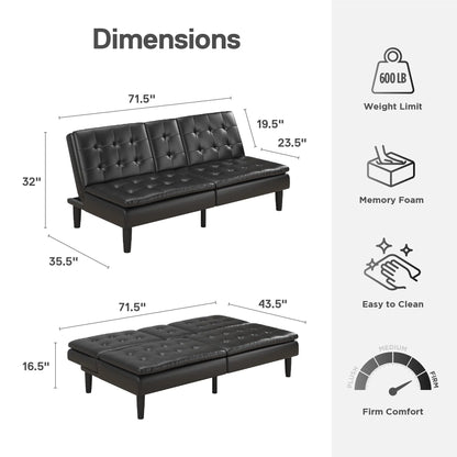 Mainstays Memory Foam 71.5" Futon with Cupholder and USB, Black Faux Leather