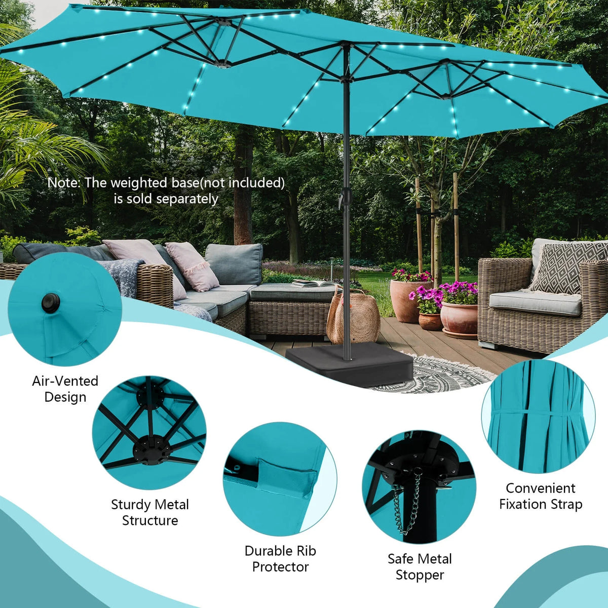 Costway 15FT Twin Patio Double-Sided Umbrella 48 Solar LED Lights Crank Outdoor Beige