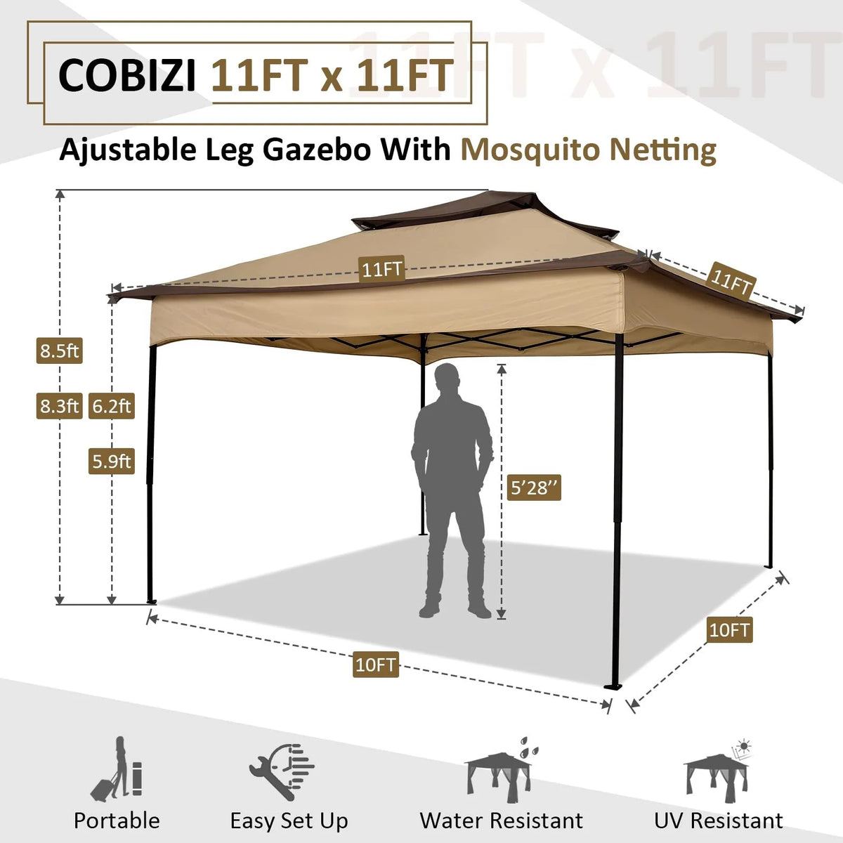 COBIZI 12x12 Outdoor Gazebo Pop Up Gazebo Canopy with Mosquito Netting Patio Tent Backyard Canopy with 2-Tiered Vented Top 3 Adjustable Height, Beige