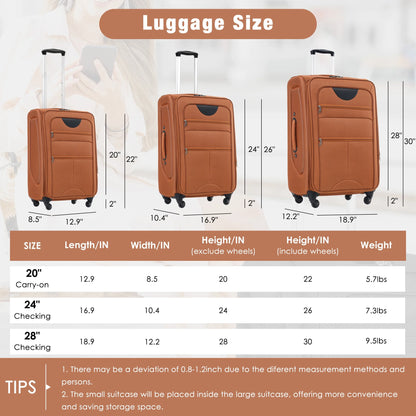 EUROCO 3 Piece Softside Luggage Set,Expandable Suitcase Set with TSA Lock and Spinner Wheels,Lightweight Suitcase for Men Women(20",24",28"),Black