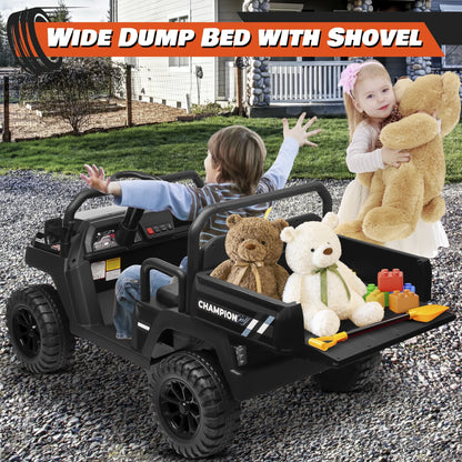 Joyracer 4WD 24 Volt Ride on Toys UTV with 2 Seater & Remote Control, Kids Electric Golf Cart w/ 4x200W Power Motors, Tiltable Trailer & Shovel, 4 Wheels Spring Suspension, Bluetooth USB Music, Black