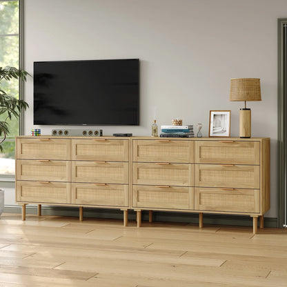Furnihold 6 Drawer Rattan Dresser for Bedroom, Wooden Dresser Chest of Drawers, Storage Organizer for Closet, Beside Table for Living Room, Entryway
