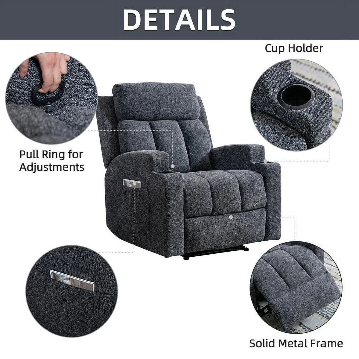 Bonzy Home Heated Manual Massage Recliner with Cup Holder Padded Breathable Fabric Recliner, Home Theater Seating��Navy