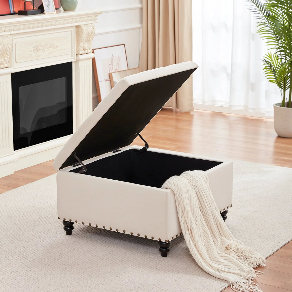 HUIMO Large Square Storage Ottoman Bench, 30-inch Wide Storage Bench Coffee Table with Tufted Oversized, for Living Room (Beige)