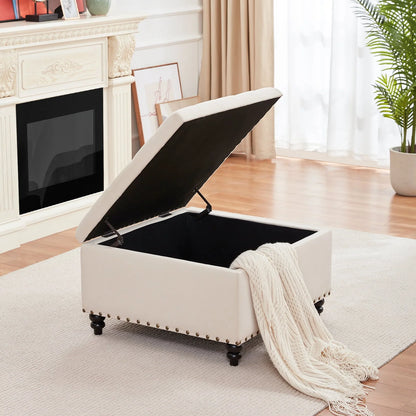 HUIMO Large Square Storage Ottoman Bench, 30-inch Wide Storage Bench Coffee Table with Tufted Oversized, for Living Room (Beige)