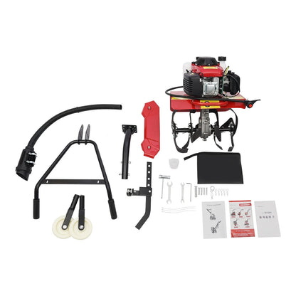 63cc Air-Cooled Gas Power Garden Tiller Cultivator Equipment 4-Stroke Portable Gas Tiller Yard Plant Farm Tilling Tool 1600W 9000RPM