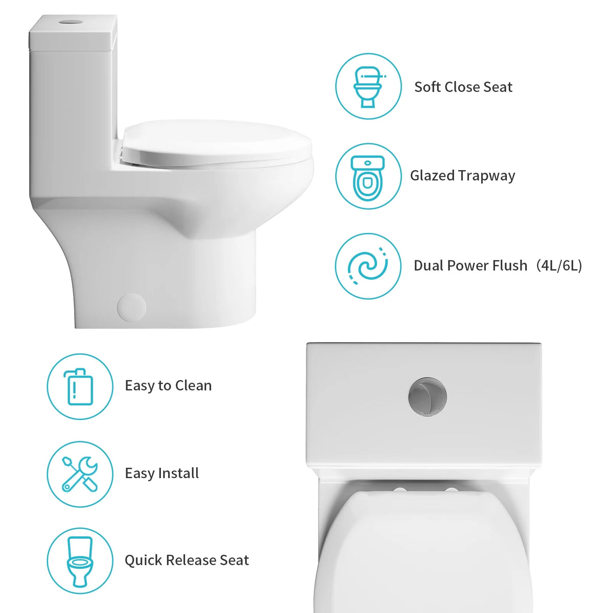 Puremind One-Piece Elongated Ceramic Toilet,4/6 Dual Flush 1.28 Gpf, White (27.6''Dx15''Wx29.5''H)