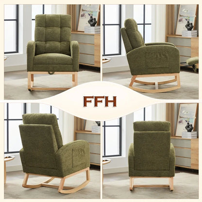 FFH Rocking Chair Nursery, Tufted Accent Rocker Chair, Upholstered Armchair with Adjustable Footrest, Side Pocket, High Backrest, Padded Seat, Polyester Blend (Retro, Dark Gray)