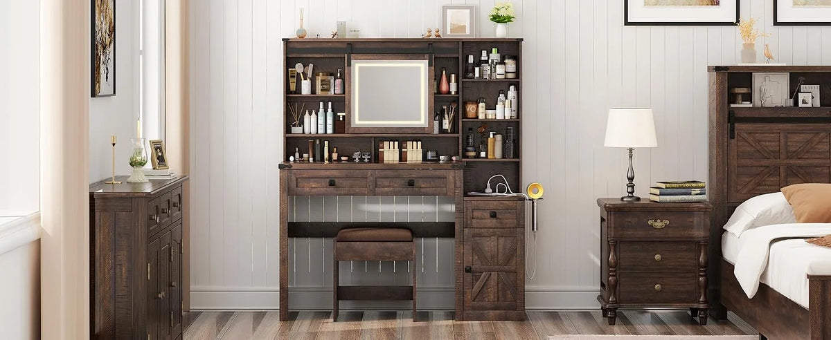 Blotout 47.2" Farmhouse Rustic Makeup Vanity Desk with Sliding Mirror and Lights, Glass Top Vanity Set with Charging Station & 3 Drawers & 1 Cabinet & Stool, Big Vanity (White)
