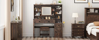 Blotout 47.2" Farmhouse Rustic Makeup Vanity Desk with Sliding Mirror and Lights, Glass Top Vanity Set with Charging Station & 3 Drawers & 1 Cabinet & Stool, Big Vanity (White)