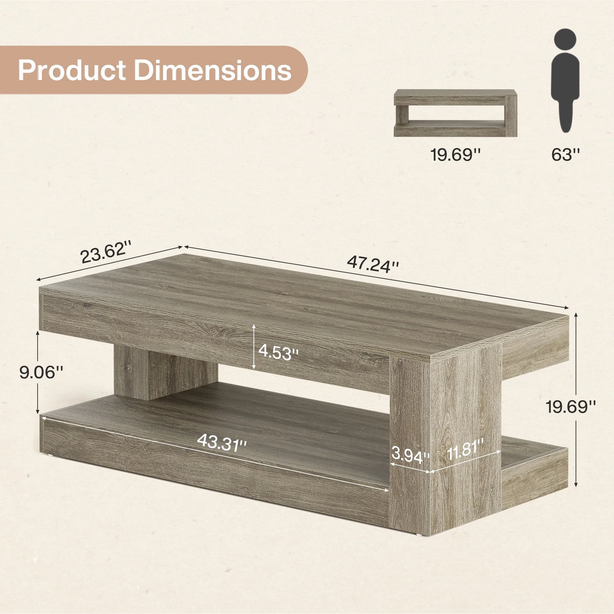 Tribesigns Coffee Table for Living Room, 47.24-Inch Farmhouse 2-Tier Accent Center Tea Cocktail Table with Storage, Elegant Grey, Rectangular