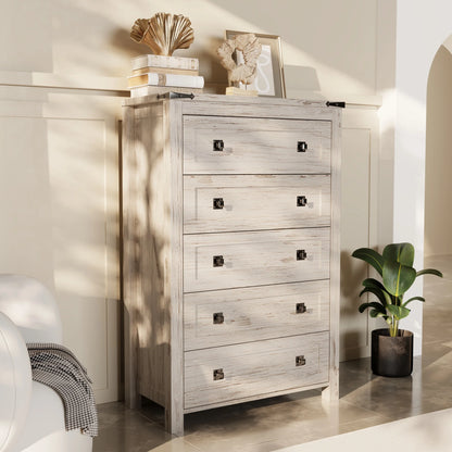 Keywhat Farmhouse 5 Drawer Dresser for Bedroom, Chest of Drawers Wood Organizer for Living Room, Antique White