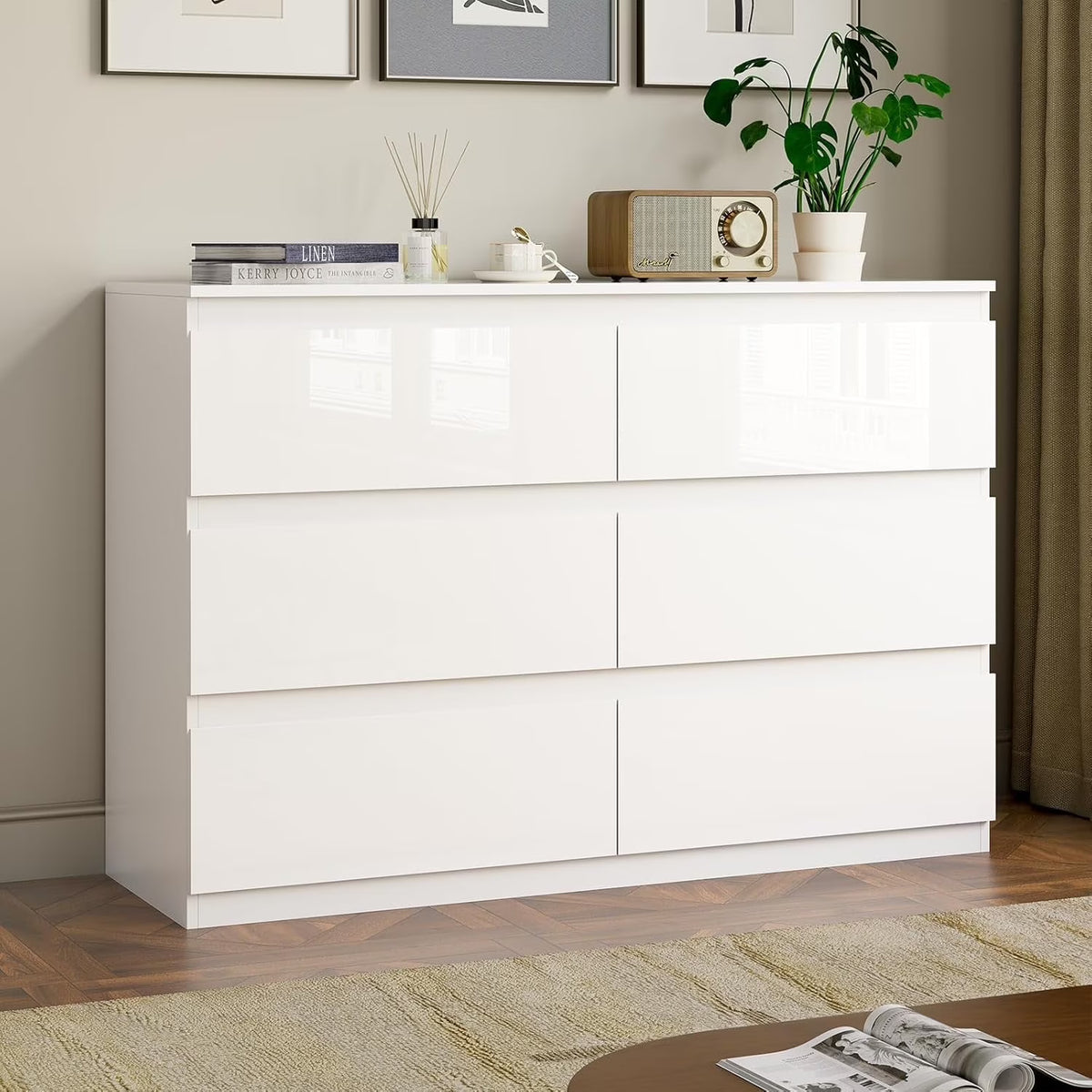 Selooye White Wood Dresser, 6 Drawer Dresser for Clothes Storage,Bedroom, Modern White Dresser with Wide Drawers, Wide Wooden Chest Drawers for Living Room, Entryway, TV Stand