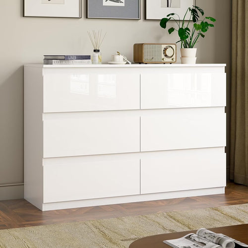 Selooye White Wood Dresser, 6 Drawer Dresser for Clothes Storage,Bedroom, Modern White Dresser with Wide Drawers, Wide Wooden Chest Drawers for Living Room, Entryway, TV Stand