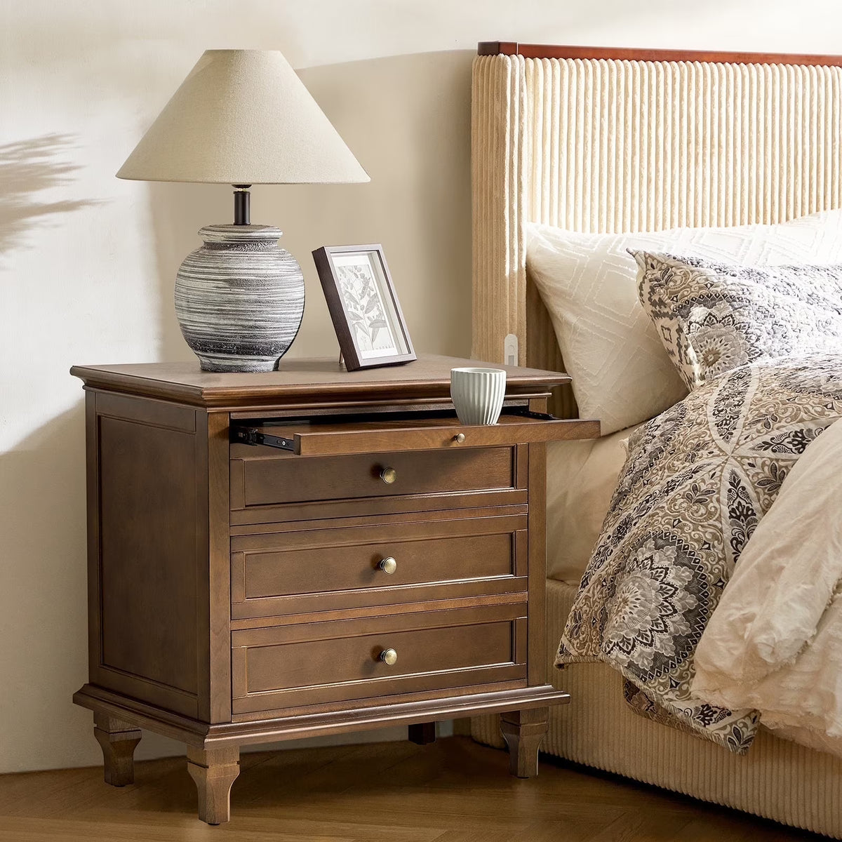 Farmhouse 3 Drawers Nightstand with Tray Bedside Table with Charging Station Acorn