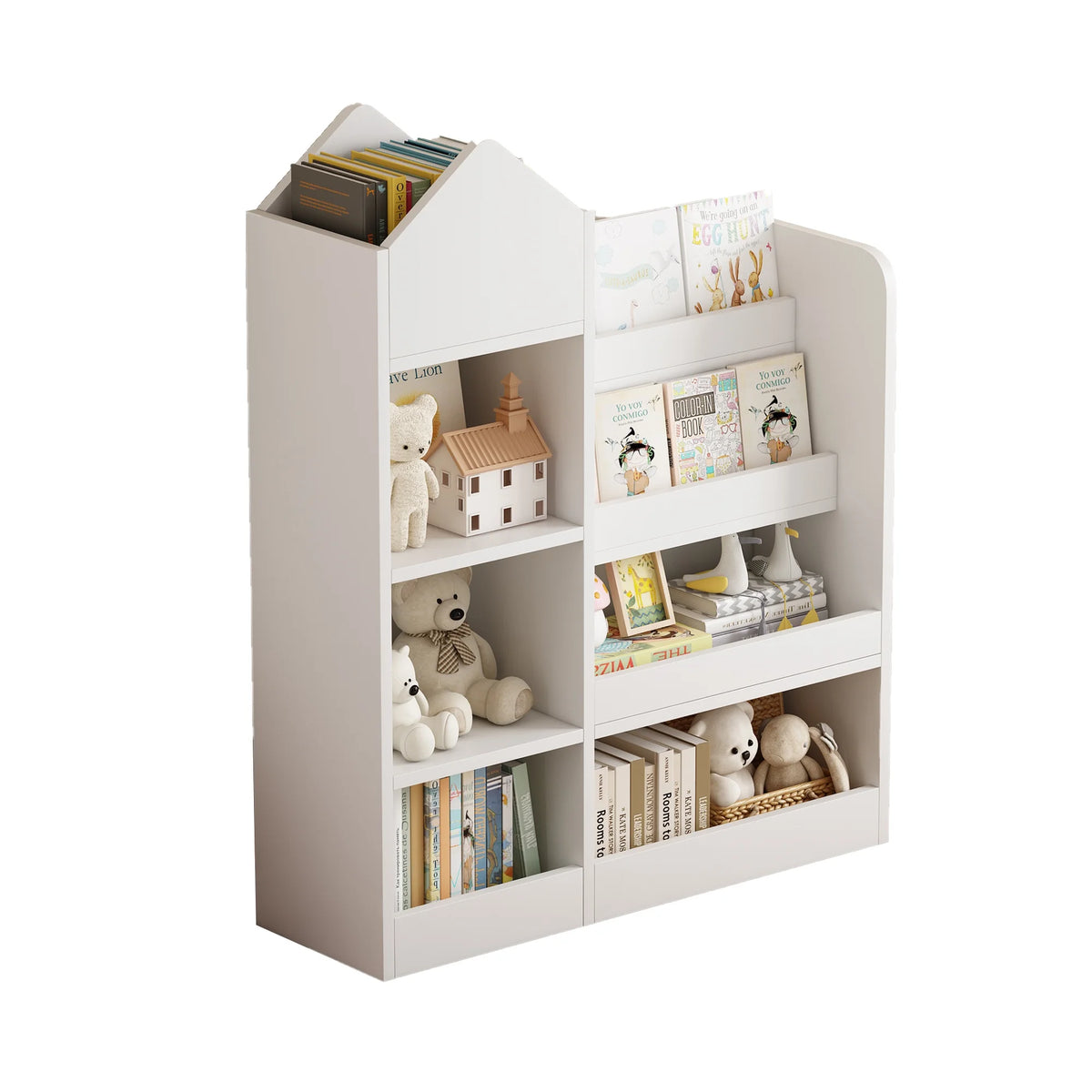PORKISS Bookshelf for Kids, Wood Kids Bookcase with Toy Storage Organizer, Freestanding Book Shelf with 6 Compartments and 2 Baskets Bins for Kids Bedroom, Nursery, Playroom, Natural