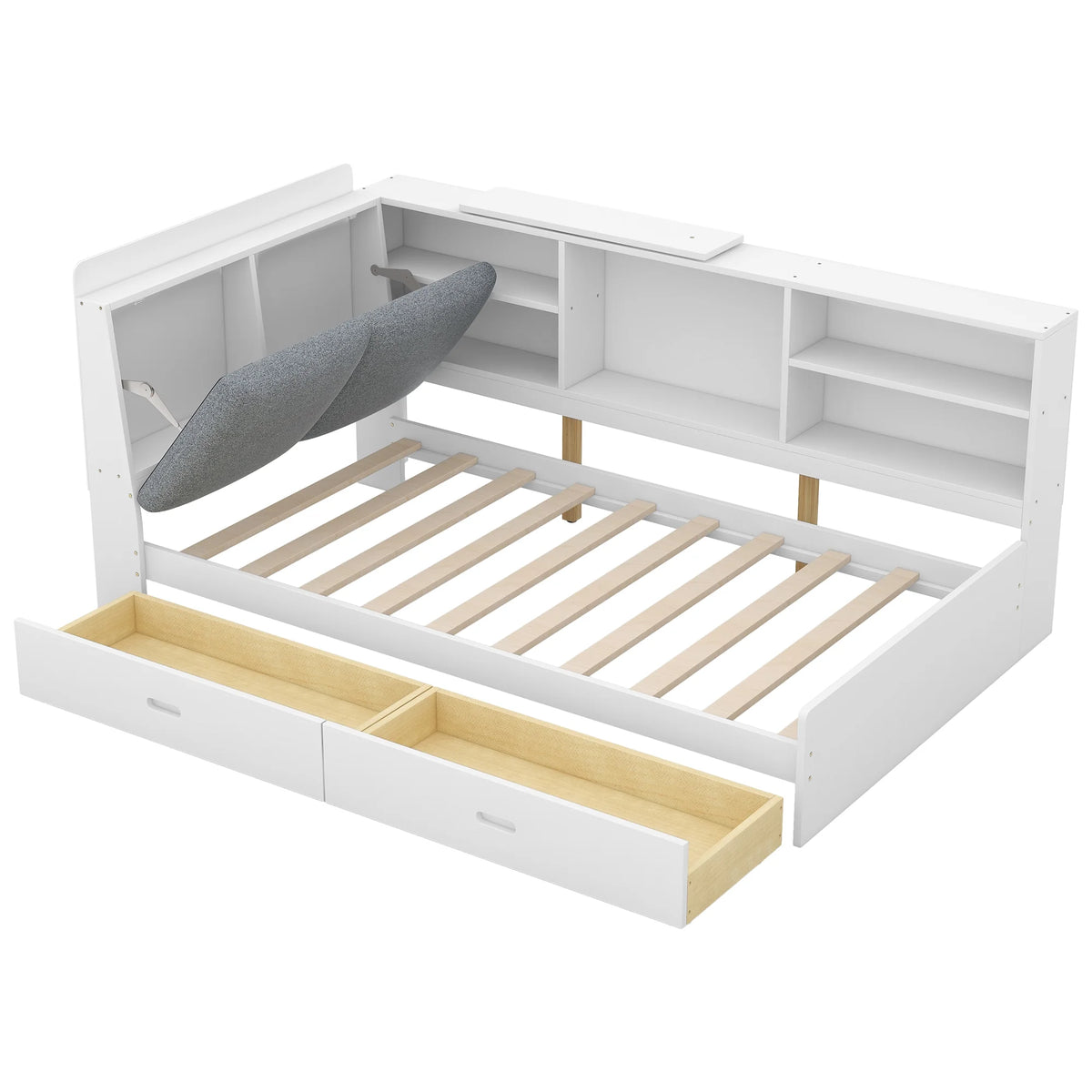 Euroco Wood Twin Size Platform Bed with Storage Headboard and Shelves, 2 Drawers Floor Bed for Kids, White