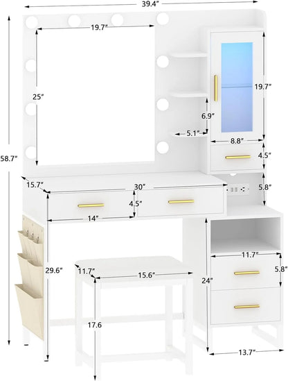 Makeup Vanity Desk with Mirror and Lights, White Vanity Desk with Charging Station, LED Cabinet, 5 Drawers & Storage Bag, Vanity Mirror with Lights Desk and Chair, Vanity Table Set with Stool