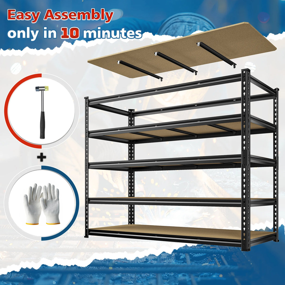 REIBII 60" W Garage Shelving 3000LBS Heavy Duty Storage Shelves Adjustable 5 Tier Metal Storage Rack,60" W x 24" D x 72" H