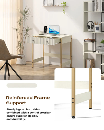 Manxile Fluted Computer Desk with USB Ports & Power Outlet, Modern White Study Table with Drawers