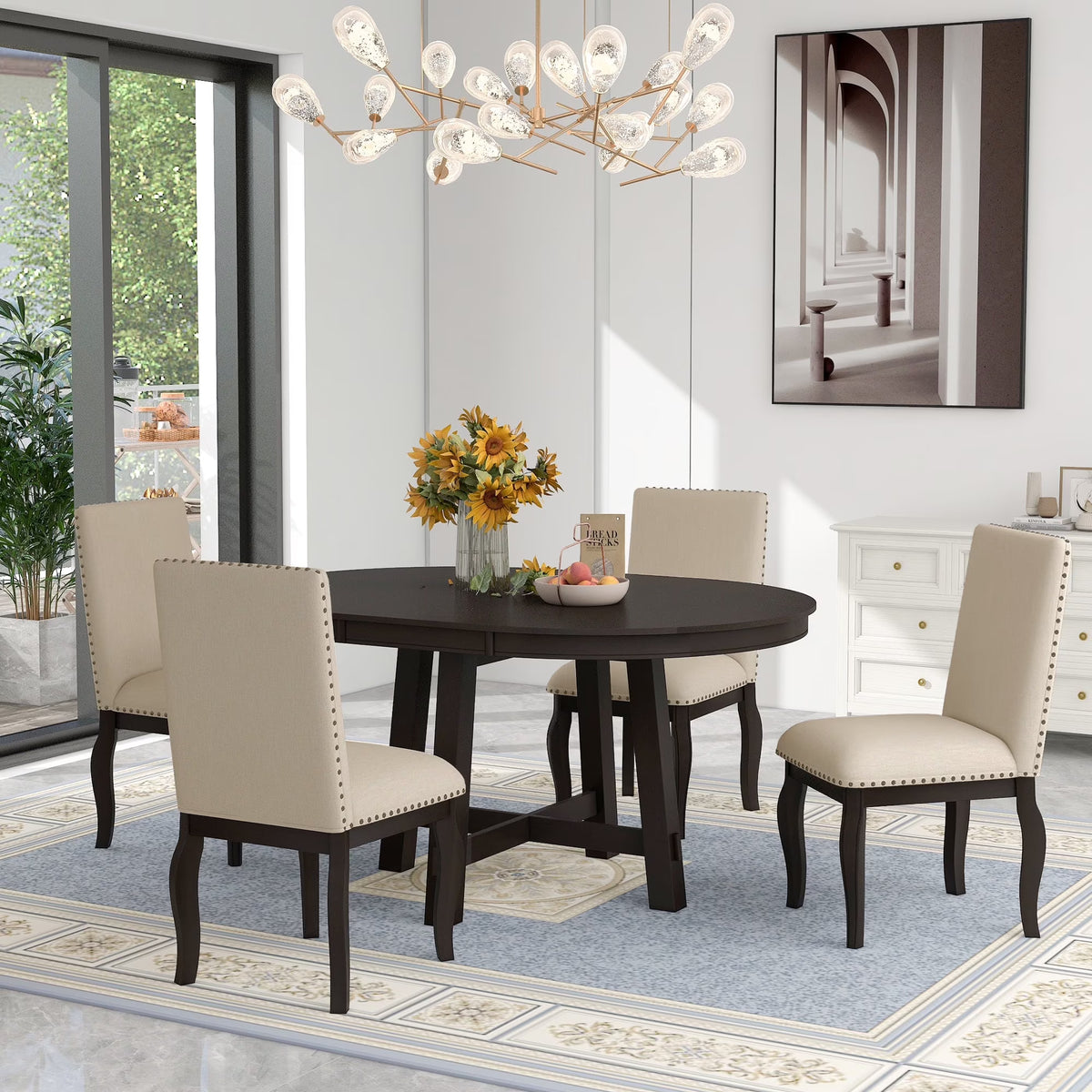 Harper & Bright Designs Round Extendable Dining Table Set for 4, 5 Piece Farmhouse Wood Dining Table Set with 4 Upholstered Dining Chairs, Natural Wood Wash