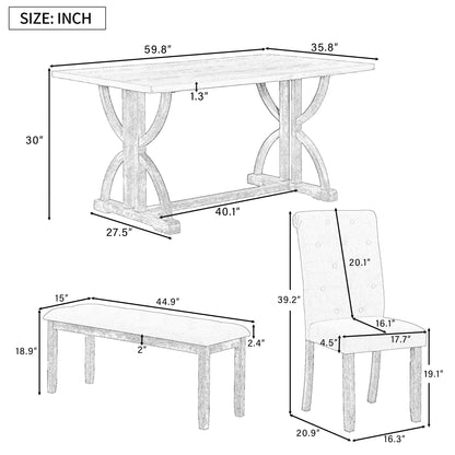 Besthome 6-Piece Retro Rectangular Dining Table Set, Table with Unique Legs and 4 Upholstered Chairs & 1 Bench for Dining Room and Kitchen (Natural Wood Wash)