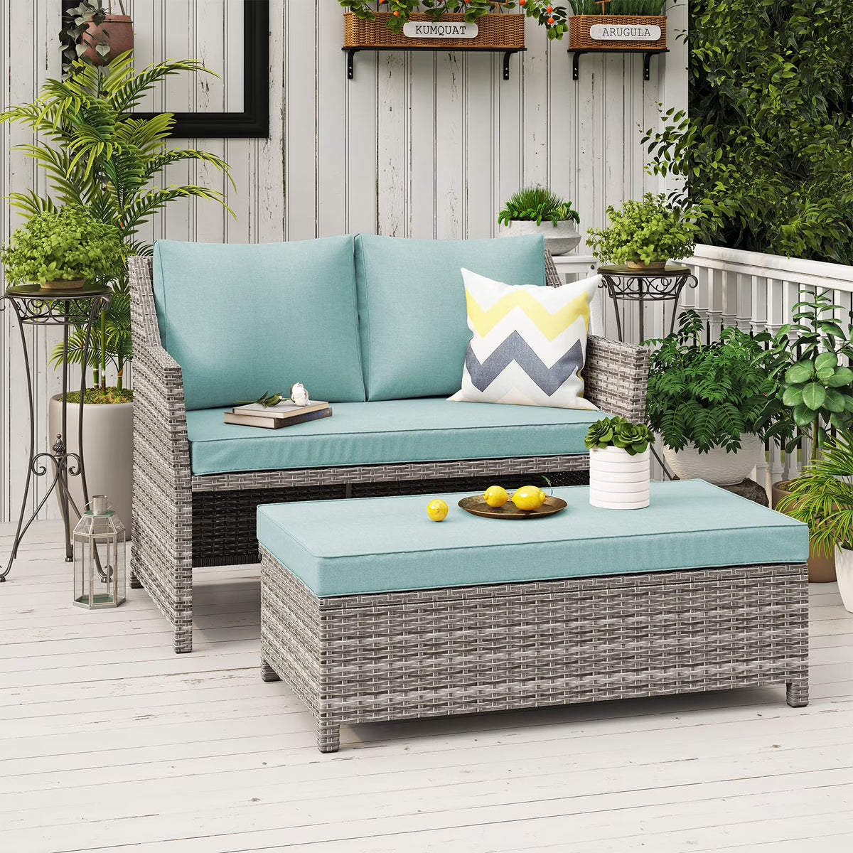 Outdoor Wicker Love Seat and Coffee Table Set, Weather Resistant Grey Rattan, Patio Furniture with Gray Cushions & Storage Bin