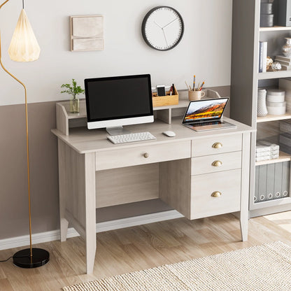 Homfa 47 in Computer Desk, Home Office Writing Table with 4 Drawers and Hutch Shelf, Sturdy Desk with Spacious Desktop, Oak White Finish